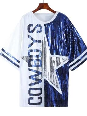 Sequined Dallas Cowboys Star Ladies Jersey in White, Blue & Silver